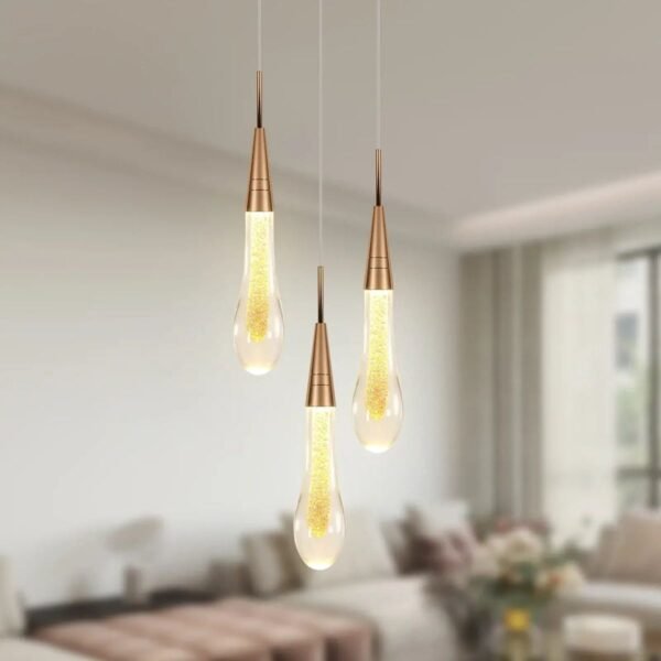 Suspension Goutte de Cristal LED Dorée – Luminaire de Chevet